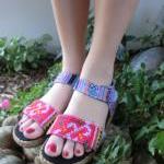 Colorful Hmong Embroidered Batik Ankle Strap Vegan..