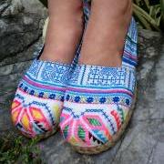 Hmong Embroidered & Batik Womens Blue Vegan Loafers Shoes