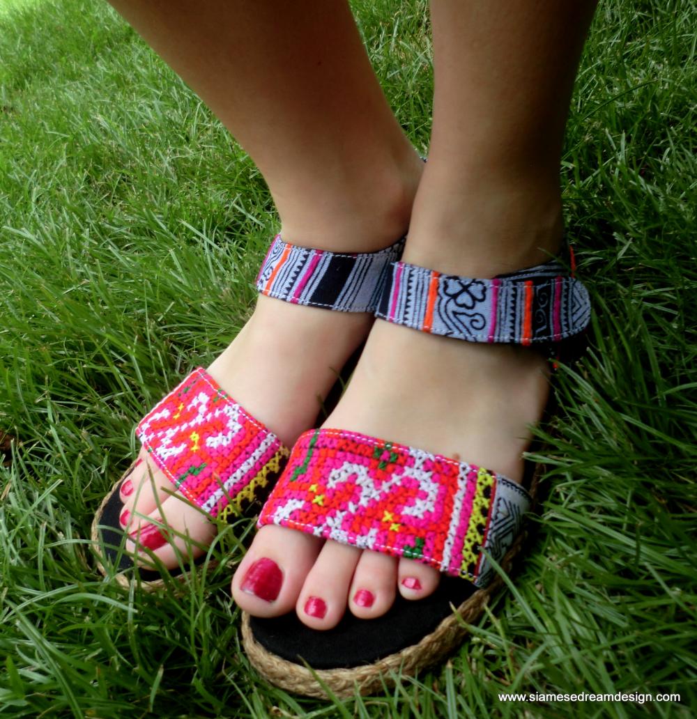 Colorful Hmong Embroidered Batik Ankle Strap Vegan Sandal on Luulla