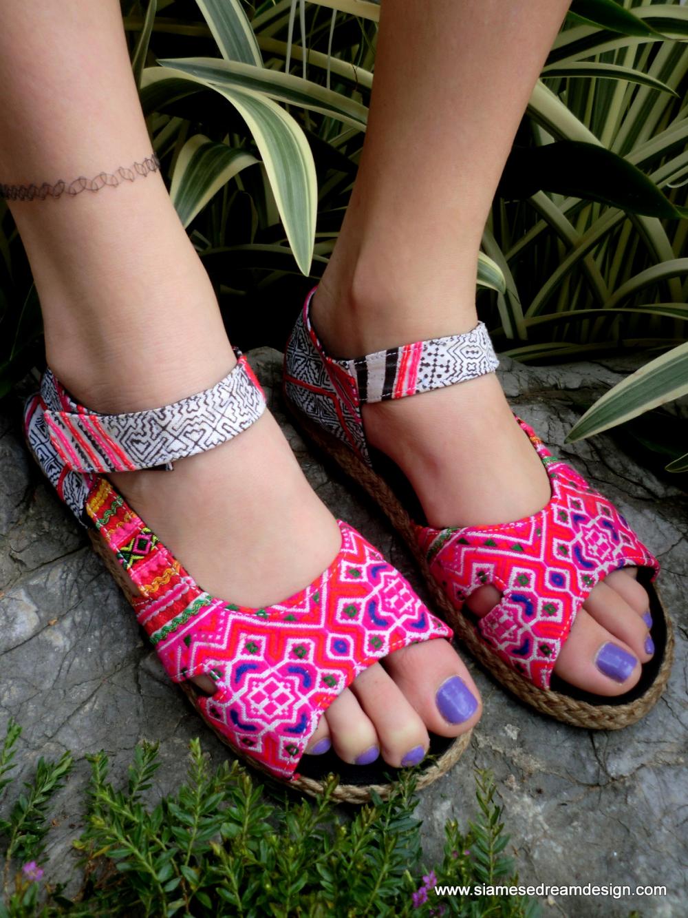 Colorful Espadrille In Hmong Embroidery With Batik Ankle Strap Open Toe Flat Vegan Shoe