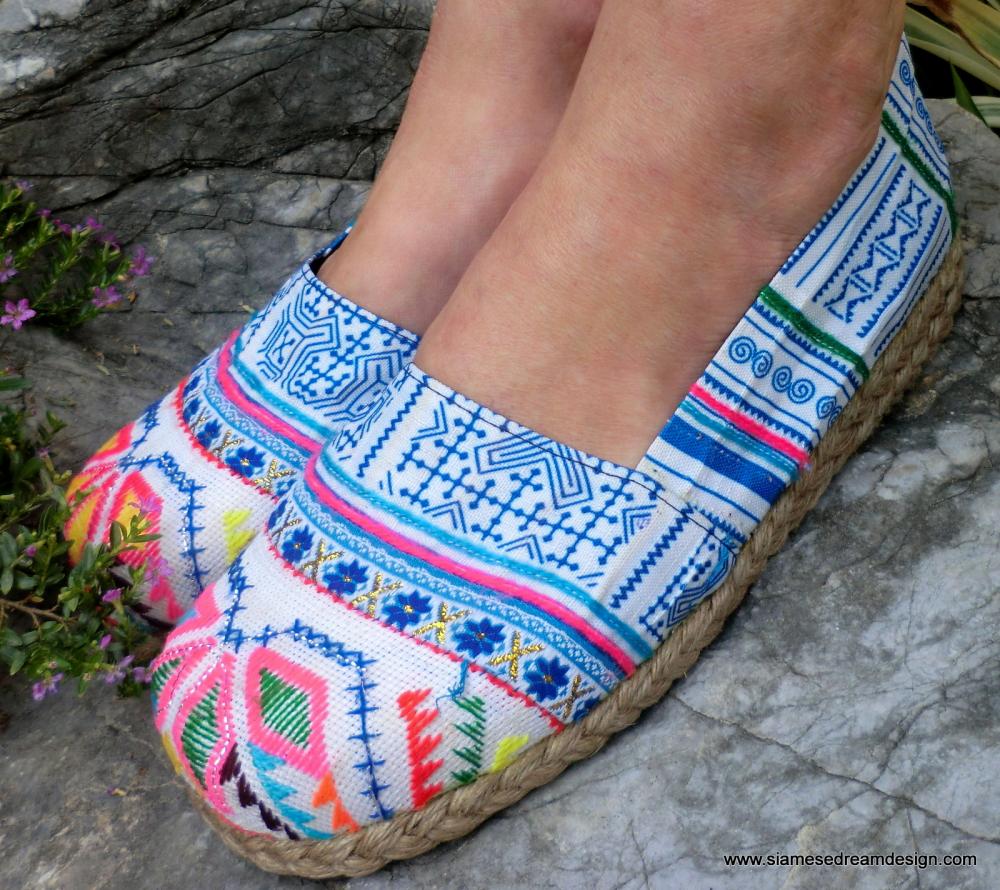 Hmong Embroidered & Batik Womens Blue Vegan Loafers Shoes on Luulla