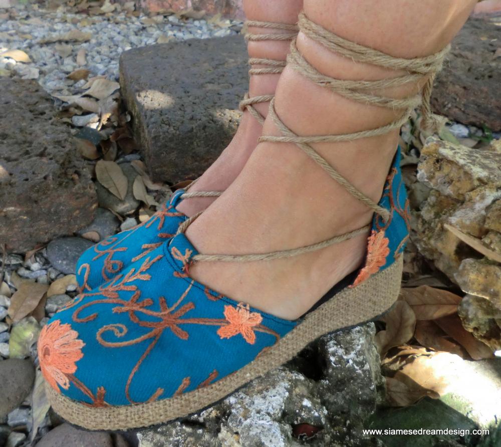 Floral Espadrille Ankle Wrap Shoes In Teal Embroidery on Luulla
