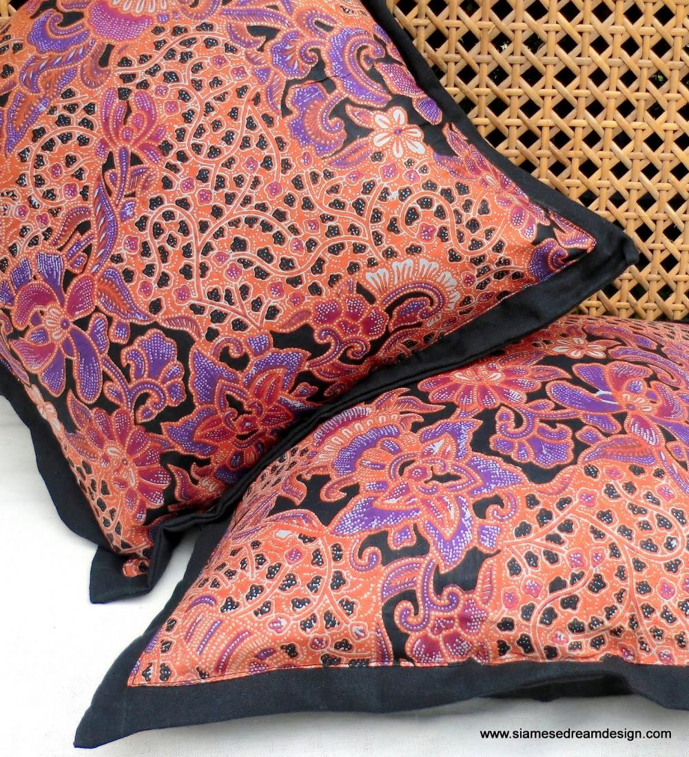 Balinese Batik Pillow / Cushion Cover In Colorful Peach And Lavender, Set Of 2