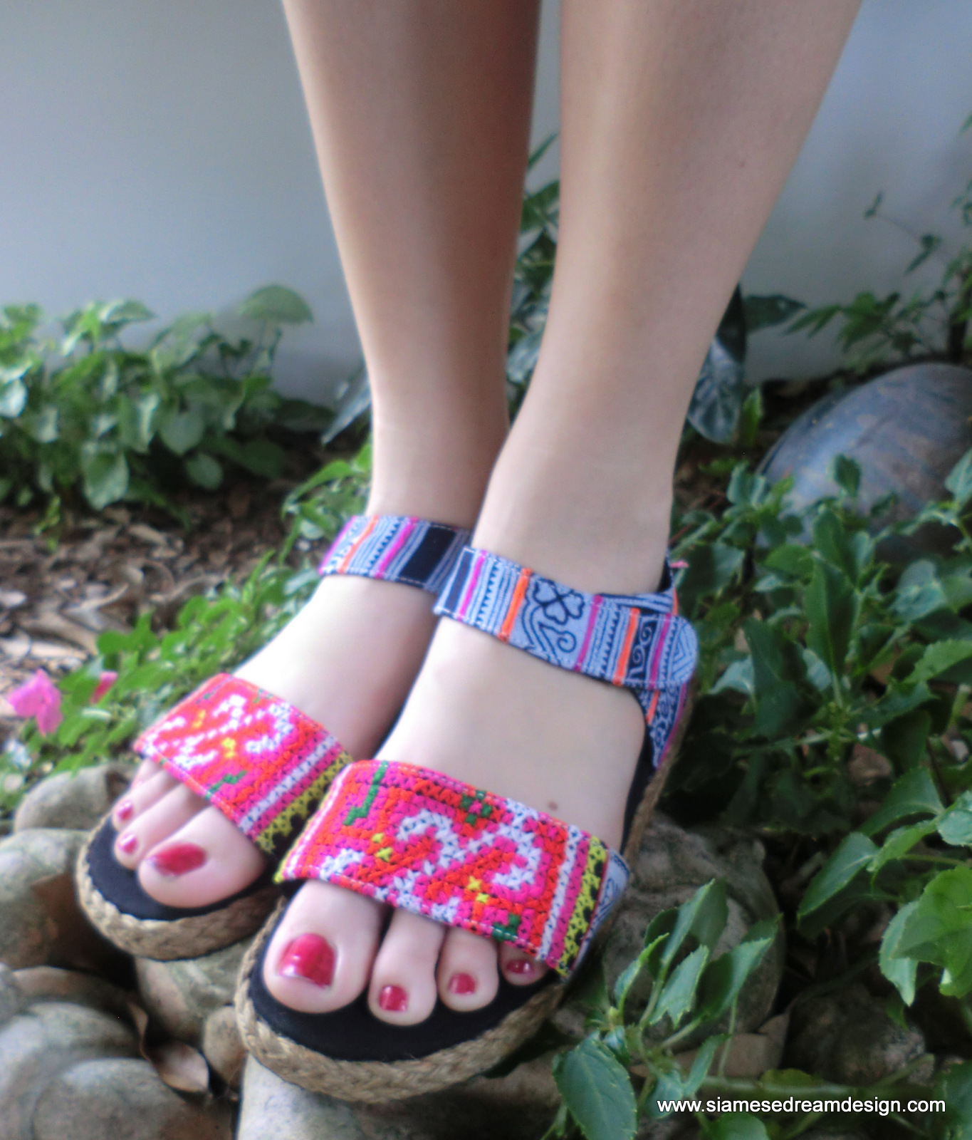 Colorful Hmong Embroidered Batik Ankle Strap Vegan Sandal on Luulla