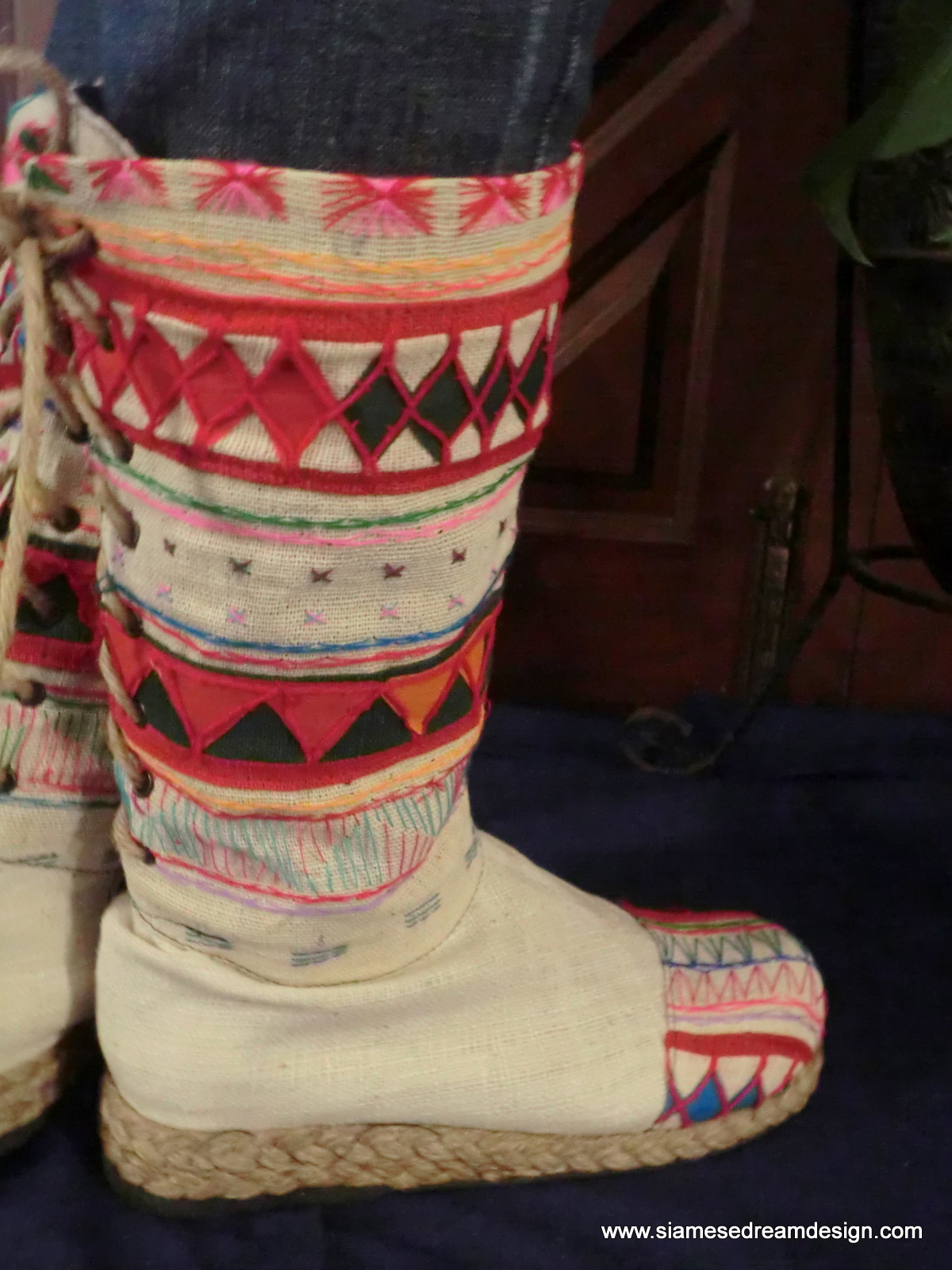 Tribal Boots Embroidered & Appliquéd Natural Woven Cotton Back Lace on 