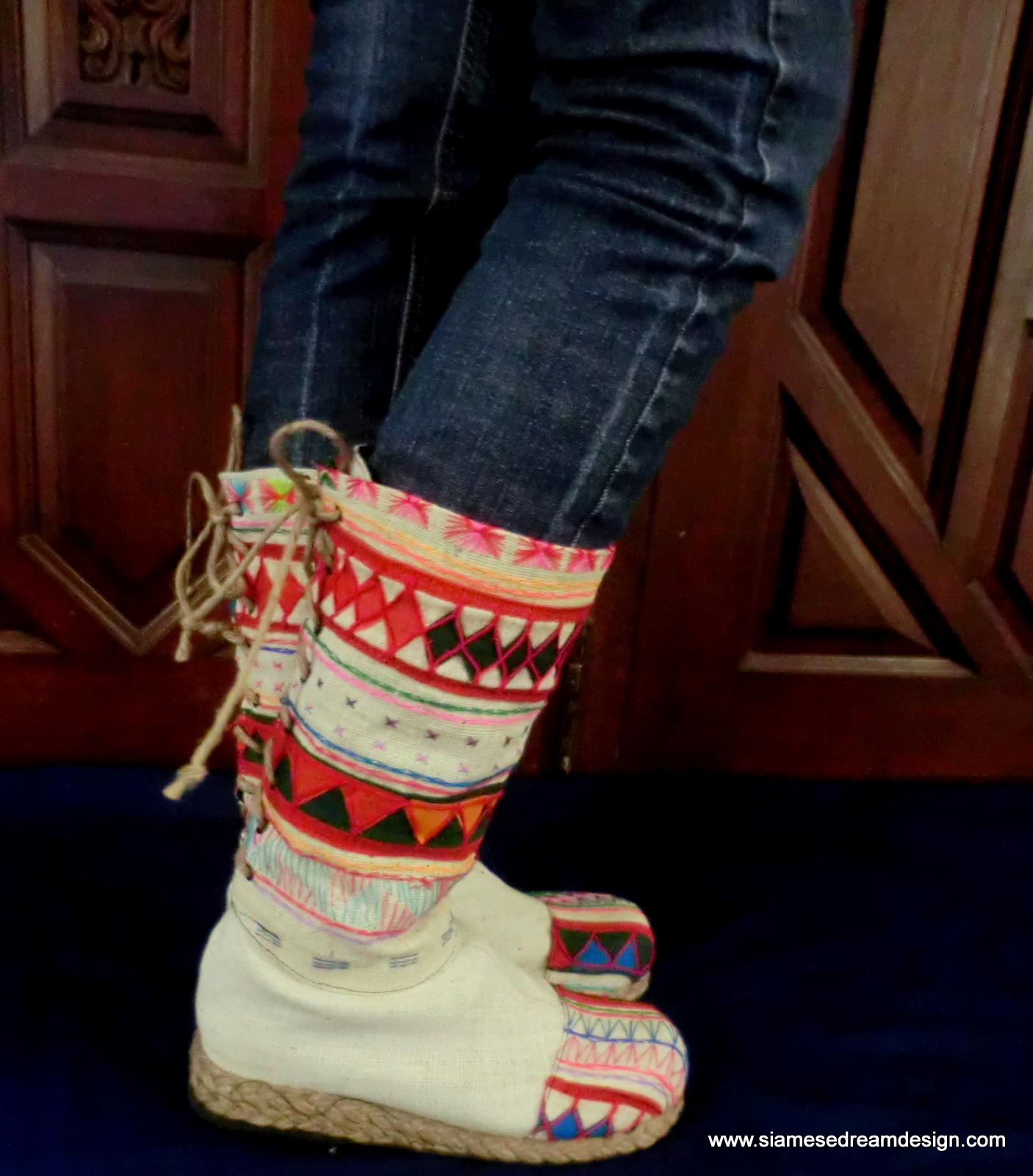 Tribal Boots Embroidered & Appliquéd Natural Woven Cotton Back Lace on ...